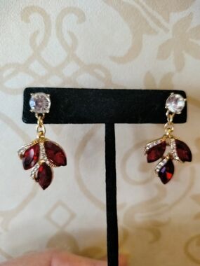 Gold-Tone Drop Earrings with Deep Red Crystal Leaves